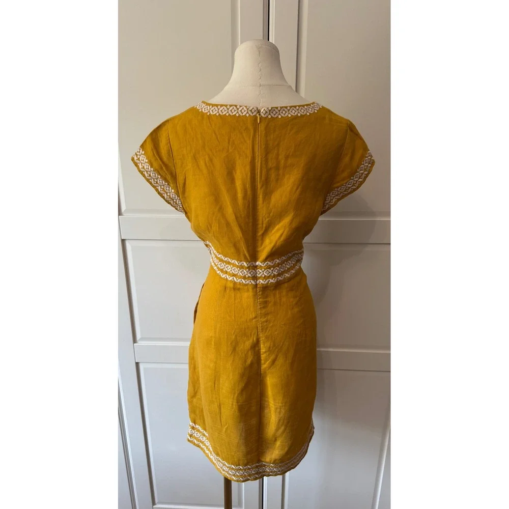 Boden Laura Linen Embroidered Mustard Yellow Linen Shift Dress US 8R